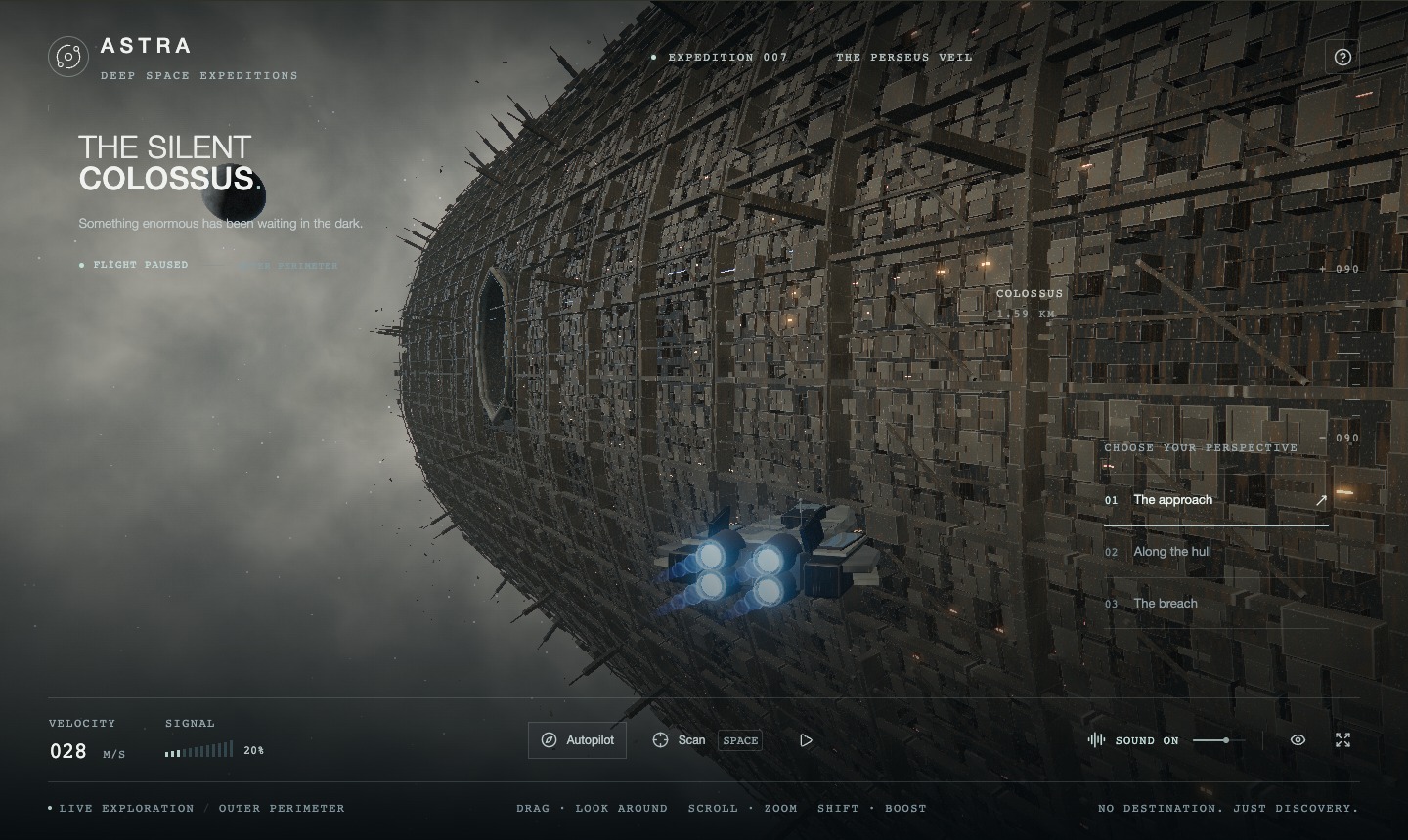 The Silent Colossus running in the browser: a blue-thrust ship approaches a massive plated structure, with flight instruments visible.
