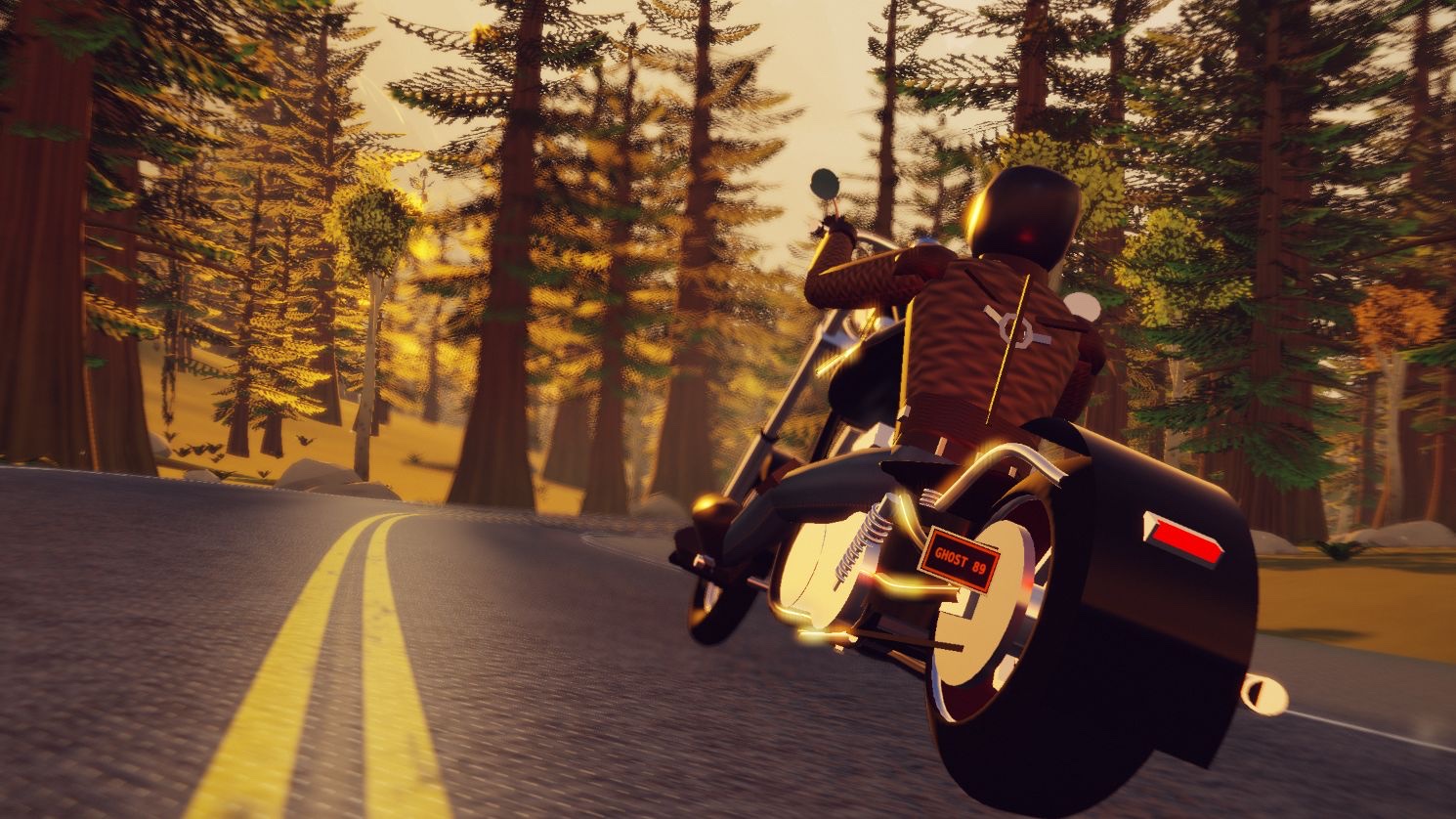 Gemini 4 Argon’s Ghost Road: a black-and-chrome chopper and rider on a forest road in golden light.