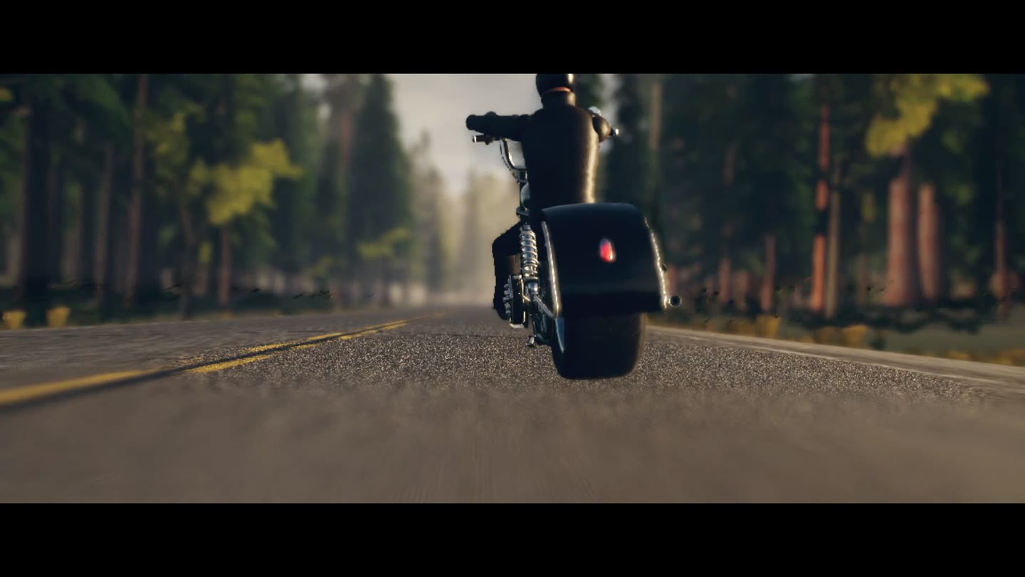 Opus’s Ghost Road: the rider and motorcycle framed against the forest.