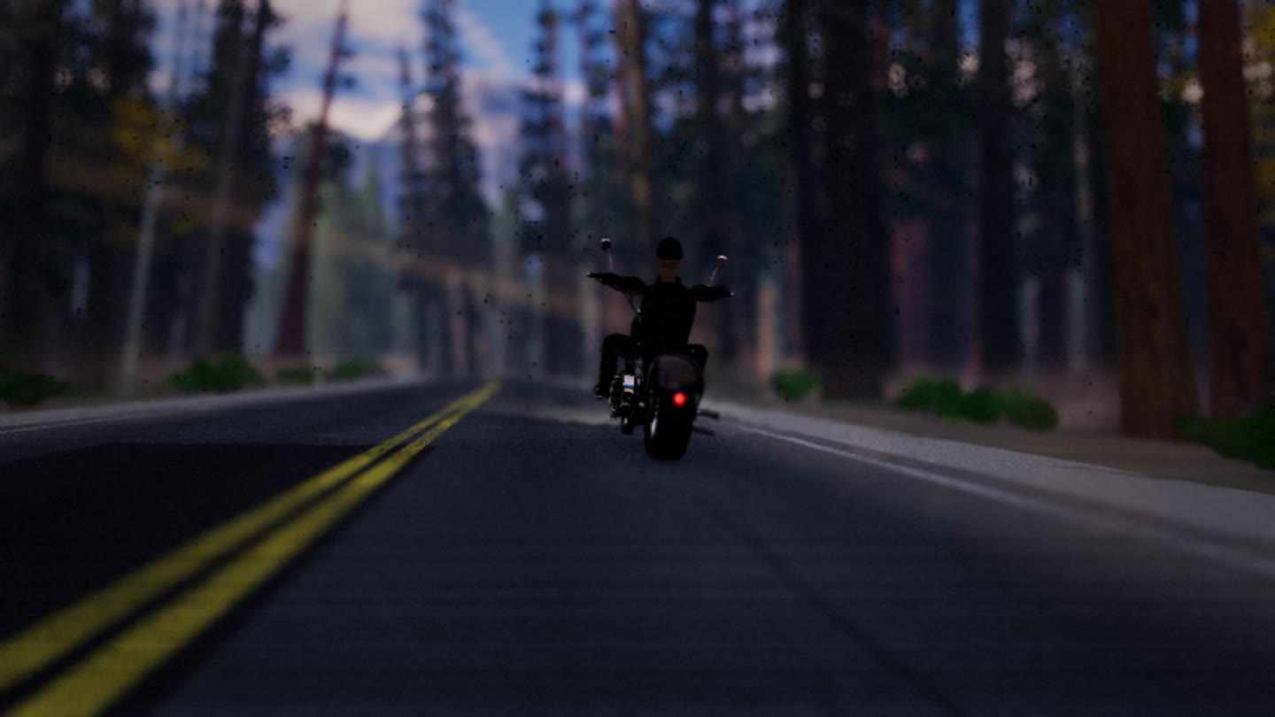 Sonnet’s Ghost Road: a chopper and rider on the wooded road.