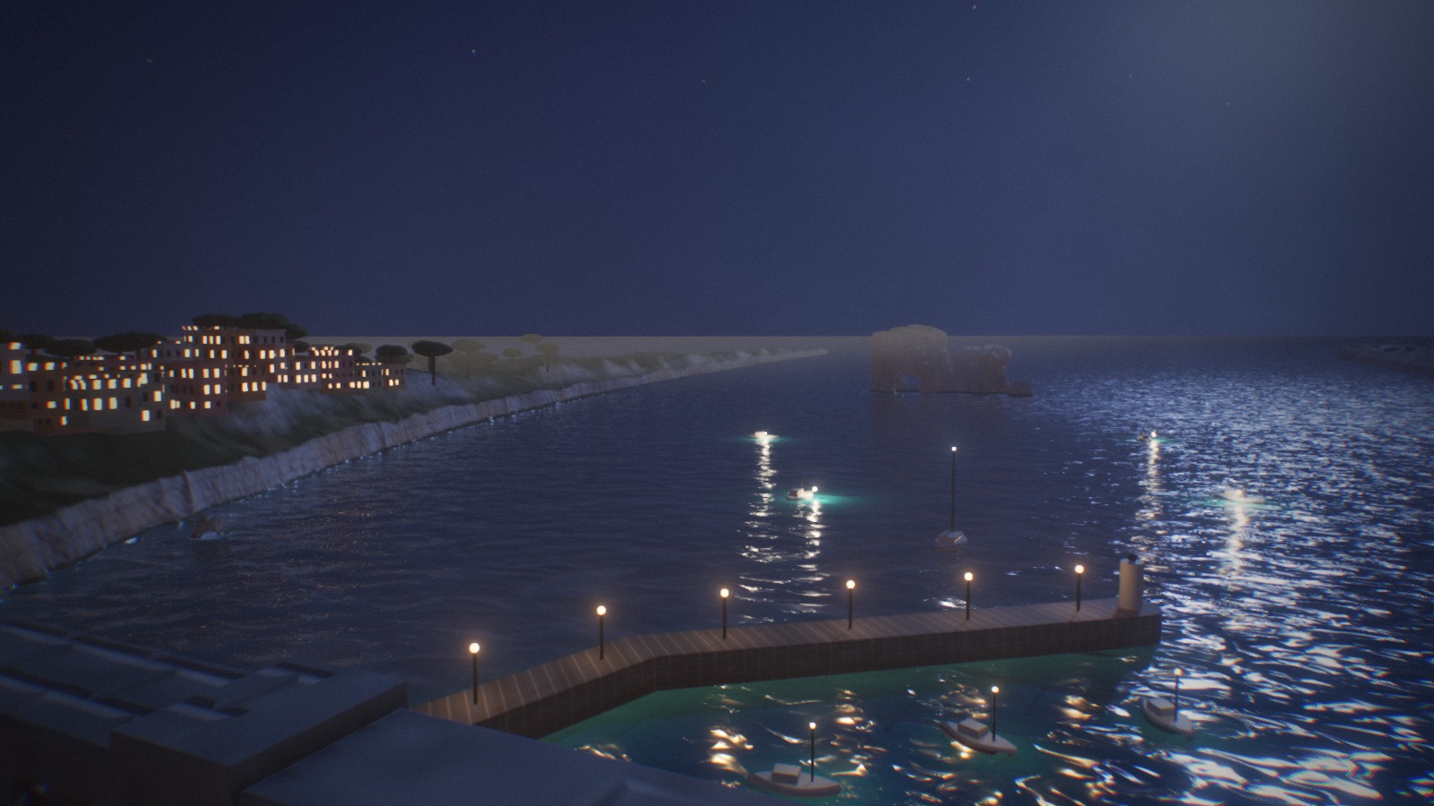 Vicolo’s moonlit bay, with a glowing village, harbour lamps and fishing boats lighting the water.